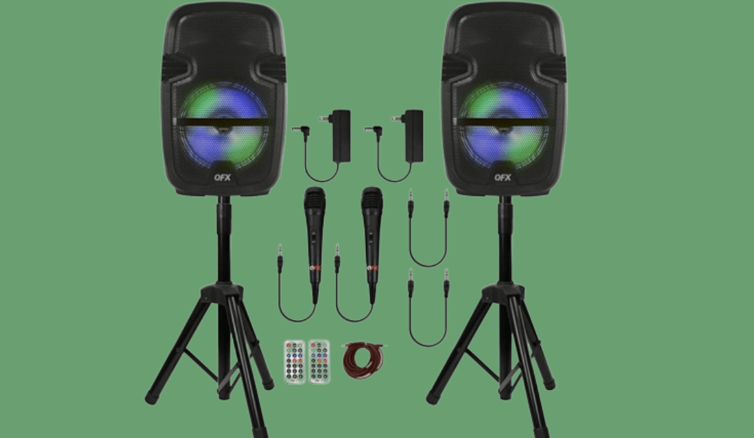 Save $43.55 on QFX Twin Wireless Bluetooth Speakers- 2 Stands and 2 Microphones @ Walmart